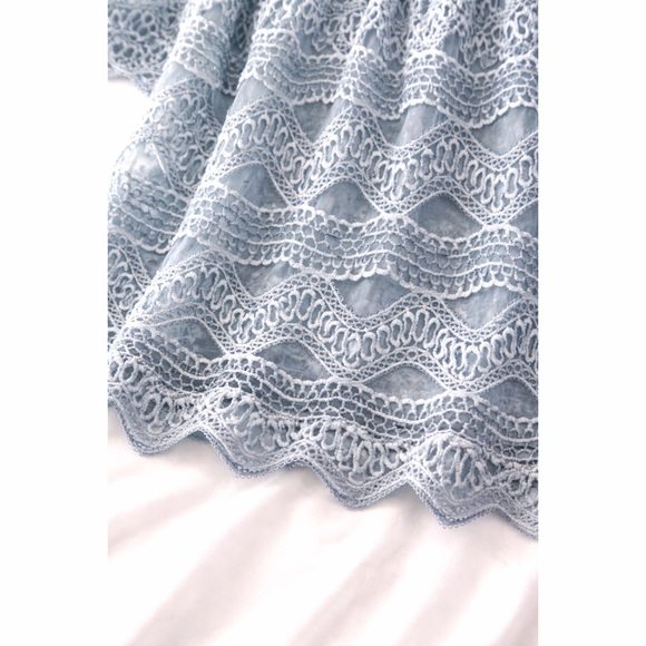 POL Dusty Blue Fully Lined Chiffon & Crochet Detail Ruffle ON/OFF Shoulder Top! - Picture 5 of 5